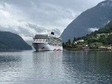 040 The ship at anchor at Ulvik Norway, about 10 miles up the Hardangerfjord.